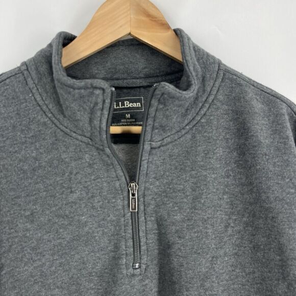 LL Bean Sweatshirt Size Medium Mens Gray Half Zip Fleece Cotton Pullover Pockets - Picture 3 of 7